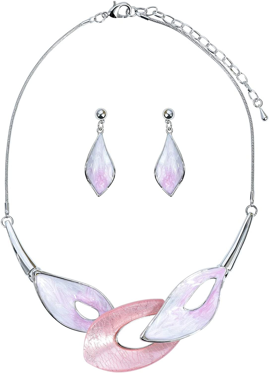 Vintage Statement Necklace and Earrings Set Flower Leaf Pendants Bib Necklaces Fashion Chunky Jewelry for Women Bride Light Pink Leaf