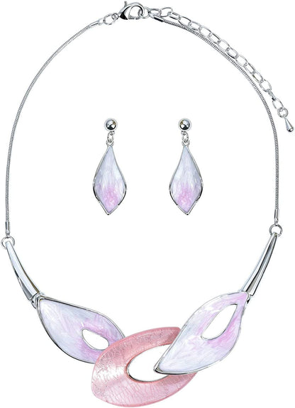 Vintage Statement Necklace and Earrings Set Flower Leaf Pendants Bib Necklaces Fashion Chunky Jewelry for Women Bride Light Pink Leaf