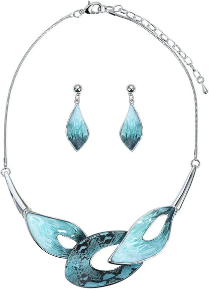 Vintage Statement Necklace and Earrings Set Flower Leaf Pendants Bib Necklaces Fashion Chunky Jewelry for Women Bride Turquoise Leaf