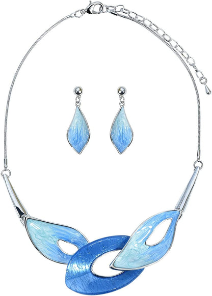 Vintage Statement Necklace and Earrings Set Flower Leaf Pendants Bib Necklaces Fashion Chunky Jewelry for Women Bride Sky Blue Leaf