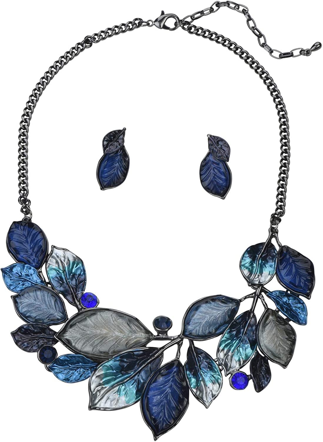 Vintage Statement Necklace and Earrings Set Flower Leaf Pendants Bib Necklaces Fashion Chunky Jewelry for Women Bride Navy
