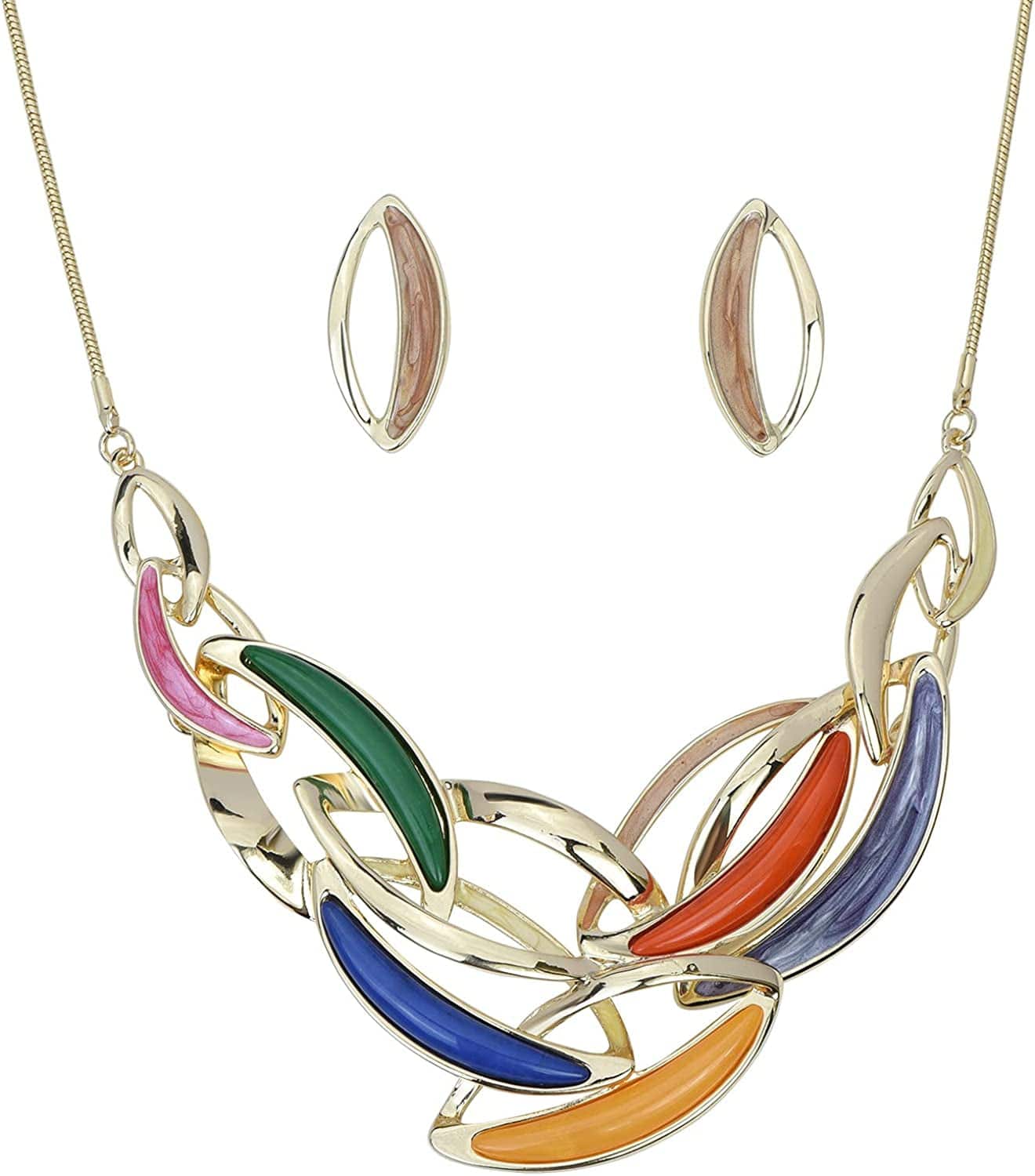 Vintage Statement Necklace and Earrings Set Flower Leaf Pendants Bib Necklaces Fashion Chunky Jewelry for Women Bride HollowOut Multicolor Leaf