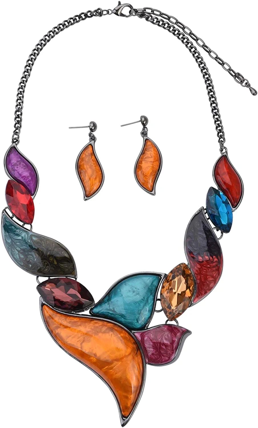 Vintage Statement Necklace and Earrings Set Flower Leaf Pendants Bib Necklaces Fashion Chunky Jewelry for Women Bride Multicolor Thick Leaf
