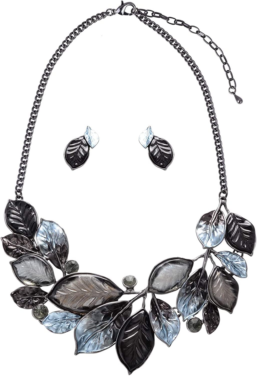 Vintage Statement Necklace and Earrings Set Flower Leaf Pendants Bib Necklaces Fashion Chunky Jewelry for Women Bride Grey