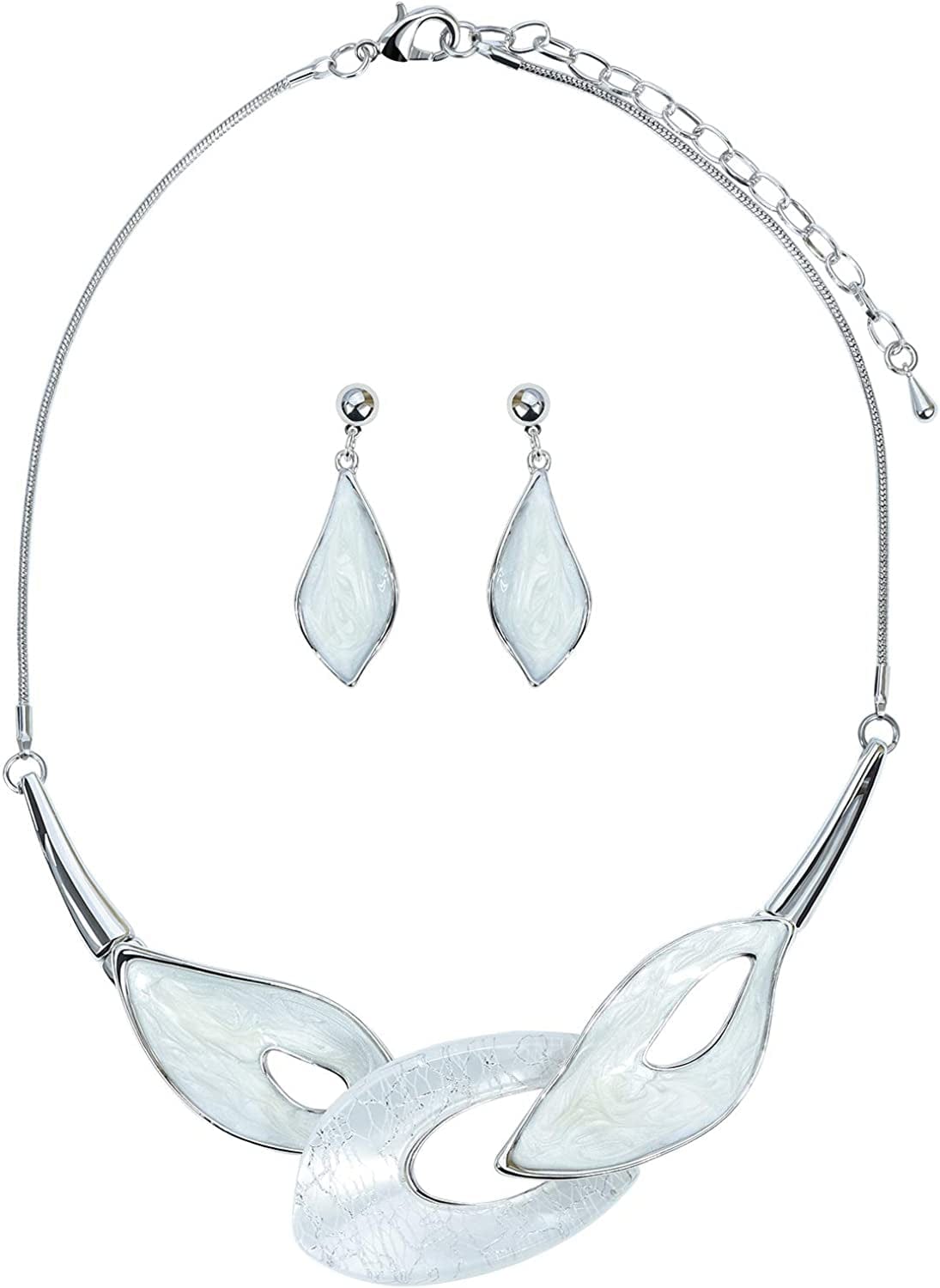 Vintage Statement Necklace and Earrings Set Flower Leaf Pendants Bib Necklaces Fashion Chunky Jewelry for Women Bride White Leaf