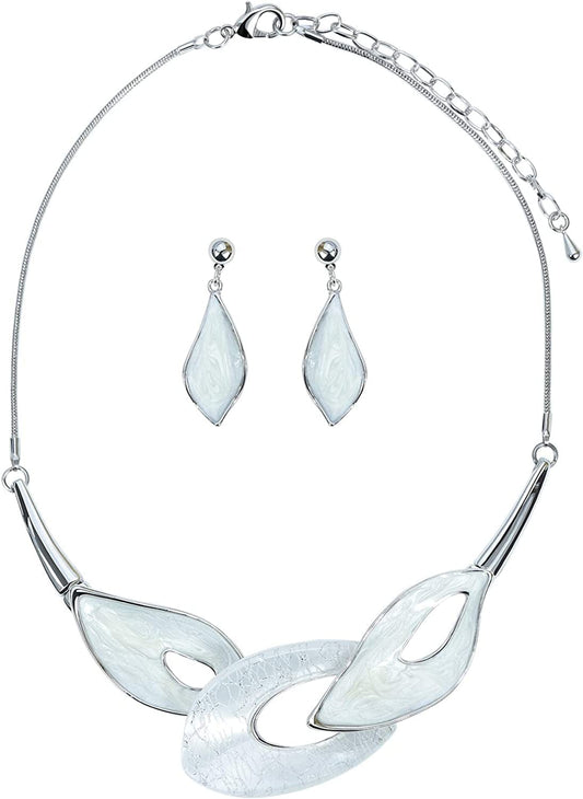 Vintage Statement Necklace and Earrings Set Flower Leaf Pendants Bib Necklaces Fashion Chunky Jewelry for Women Bride White Leaf