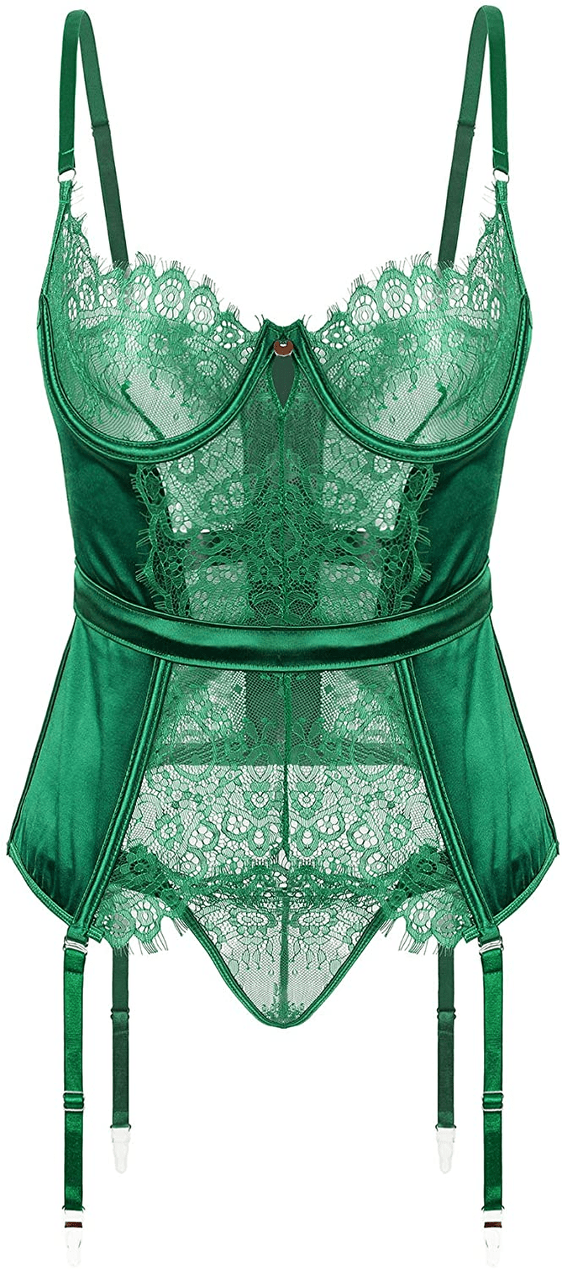 Viorsun Women'S Lingerie Bustier Corset Girdle Eyelash Lace Teddy Bodysuit Lingerie Set with Garter Belt Apparel & Accessories > Clothing > Underwear & Socks > Lingerie Viorsun Style 3: Green 2X-3X 