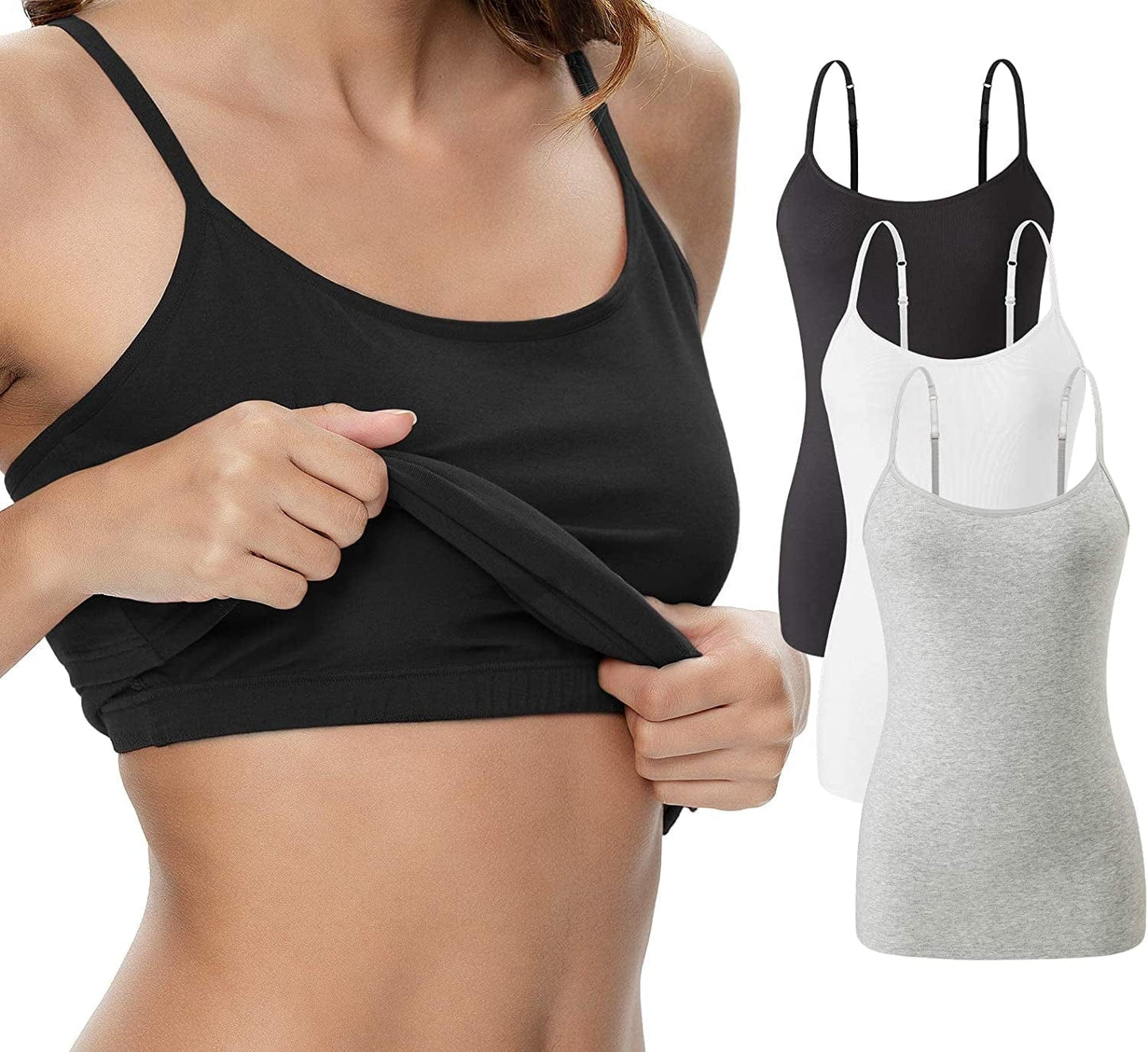Vislivin Womens Cotton Camisole Adjustable Strap Tank Tops with Shelf Bra Stretch Undershirts 1a-3pack - Black/White/Gray / Large