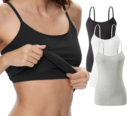 Vislivin Womens Cotton Camisole Adjustable Strap Tank Tops with Shelf Bra Stretch Undershirts 1a-3pack - Black/White/Gray / Large