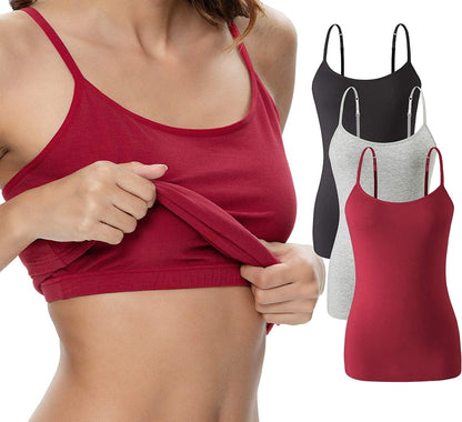 Vislivin Womens Cotton Camisole Adjustable Strap Tank Tops with Shelf Bra Stretch Undershirts A-3pack - Black/Gray/Wine Red / Small