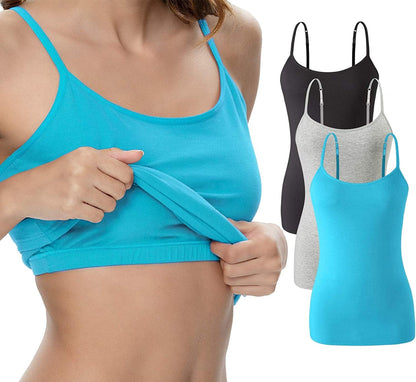 Vislivin Womens Cotton Camisole Adjustable Strap Tank Tops with Shelf Bra Stretch Undershirts A-3pack - Black/Gray/Blue / Large