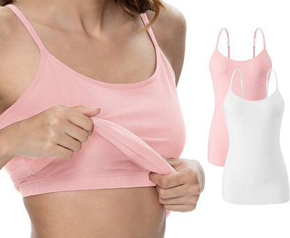 Vislivin Womens Cotton Camisole Adjustable Strap Tank Tops with Shelf Bra Stretch Undershirts White/Pink / Large