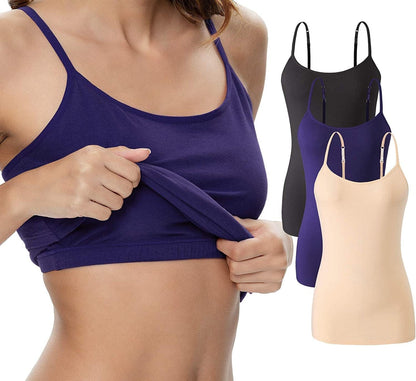 Vislivin Womens Cotton Camisole Adjustable Strap Tank Tops with Shelf Bra Stretch Undershirts A-3pack - Black/Dark Blue/Apricot / Medium