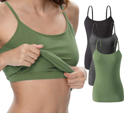 Vislivin Womens Cotton Camisole Adjustable Strap Tank Tops with Shelf Bra Stretch Undershirts A-3pack - Black/Dark Gray/Armygreen / Medium