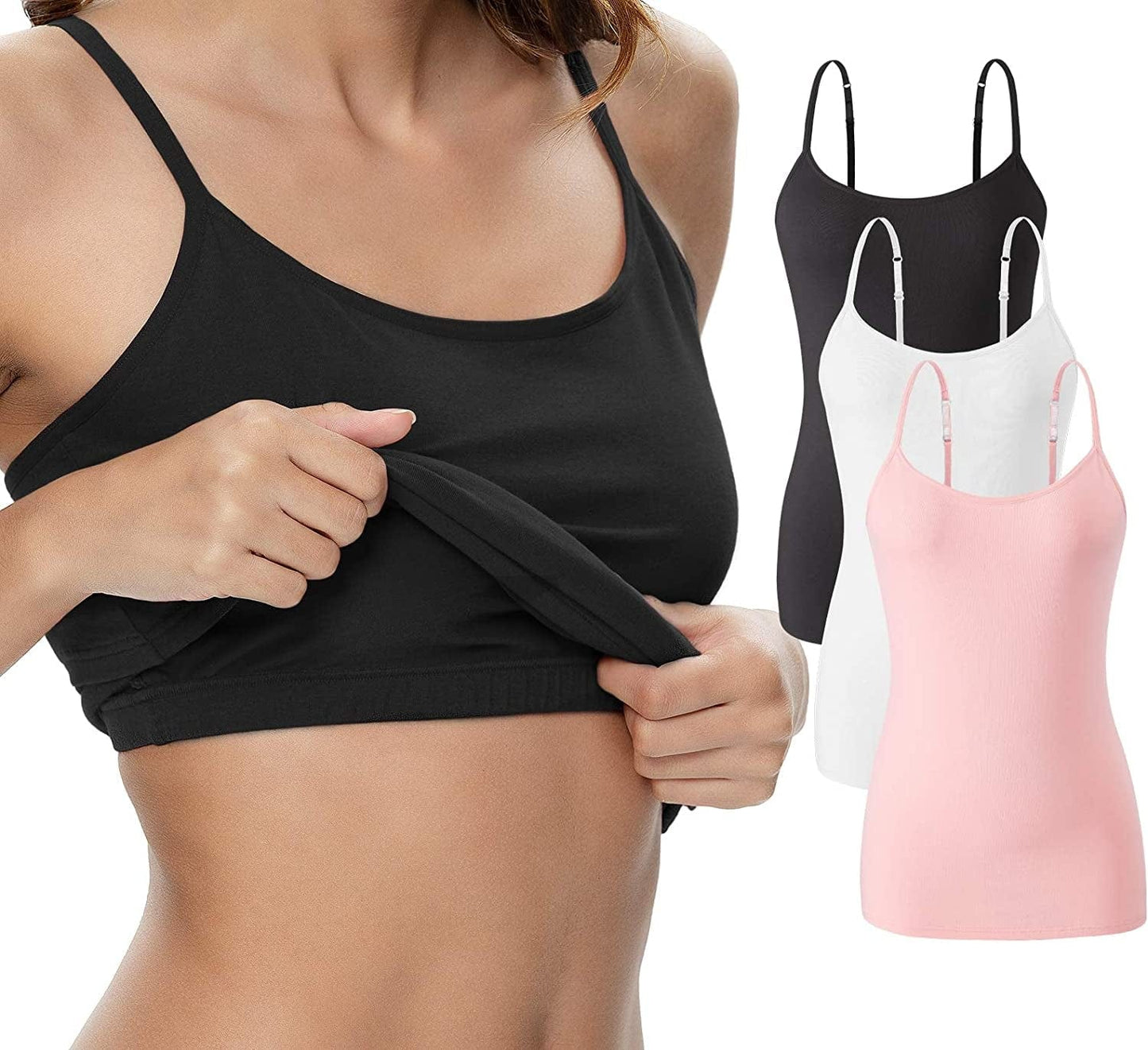 Vislivin Womens Cotton Camisole Adjustable Strap Tank Tops with Shelf Bra Stretch Undershirts A-3pack - Black/White/Pink / Medium