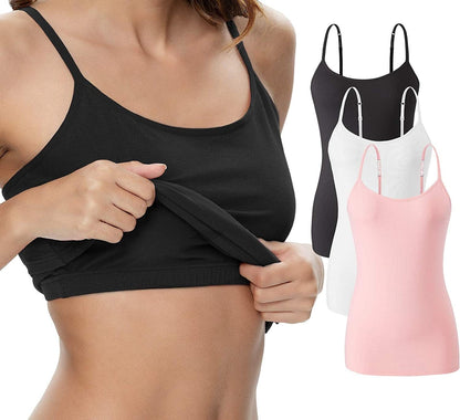 Vislivin Womens Cotton Camisole Adjustable Strap Tank Tops with Shelf Bra Stretch Undershirts A-3pack - Black/White/Pink / Medium