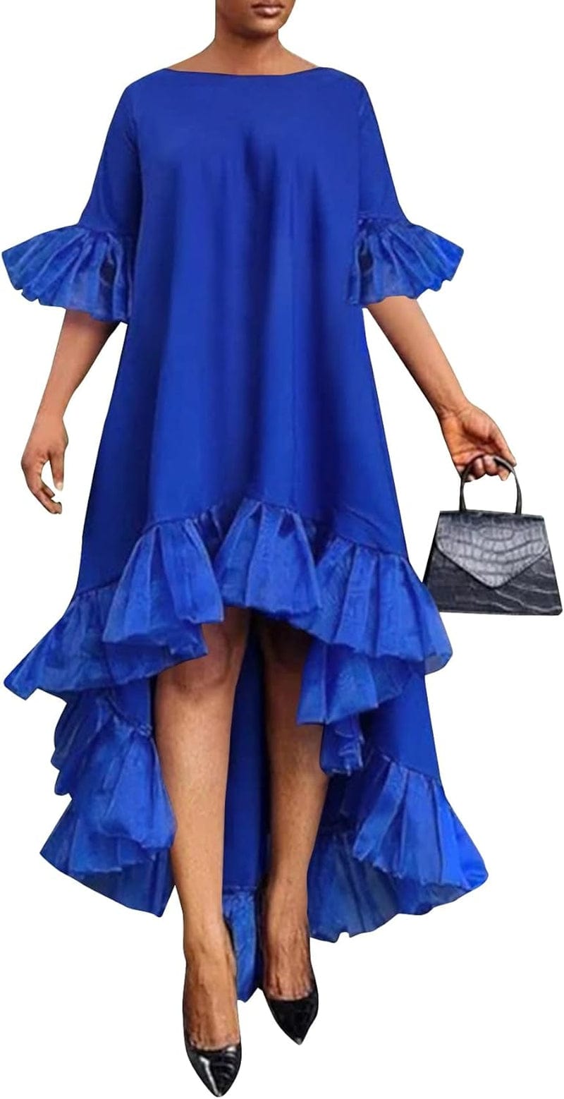 Vrtige Women'S Mesh Ruffle Asymmetrical High Low Hem Crewneck Short Sleeve a Line Midi Dress Royal Blue / Medium