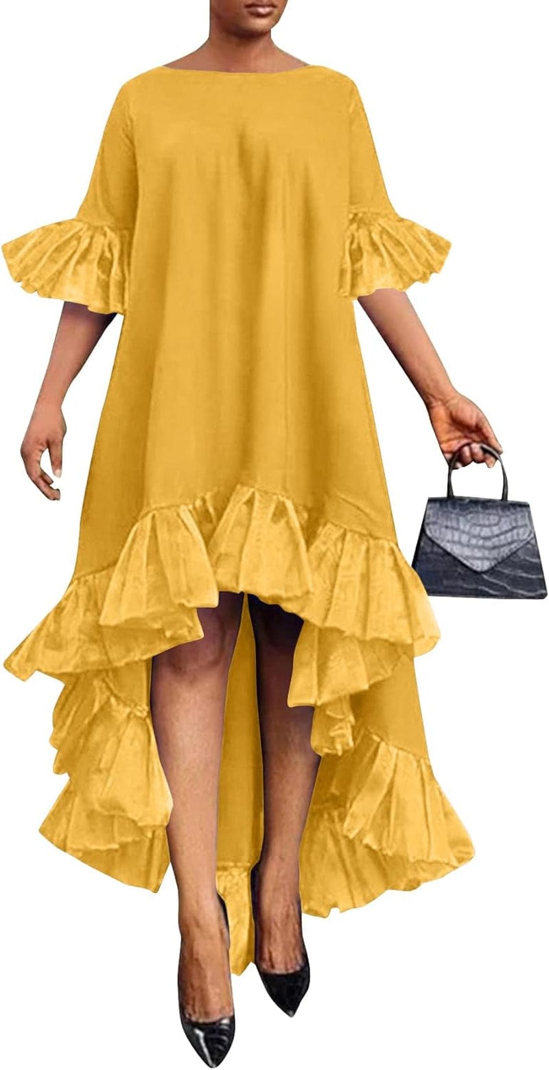 Vrtige Women'S Mesh Ruffle Asymmetrical High Low Hem Crewneck Short Sleeve a Line Midi Dress Ginger / Medium