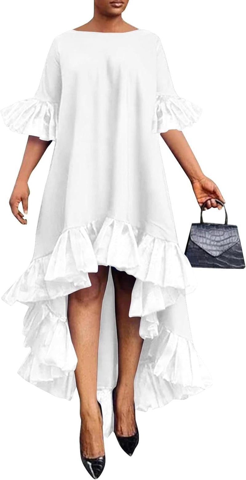 Vrtige Women'S Mesh Ruffle Asymmetrical High Low Hem Crewneck Short Sleeve a Line Midi Dress White / Small