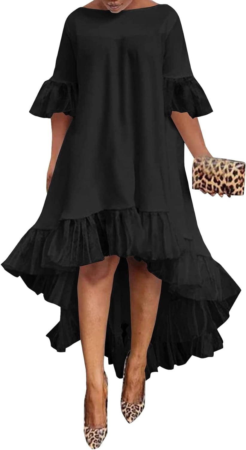 Vrtige Women'S Mesh Ruffle Asymmetrical High Low Hem Crewneck Short Sleeve a Line Midi Dress
