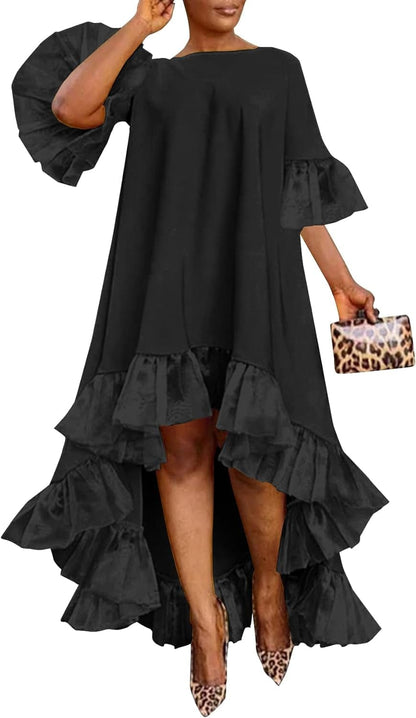 Vrtige Women'S Mesh Ruffle Asymmetrical High Low Hem Crewneck Short Sleeve a Line Midi Dress