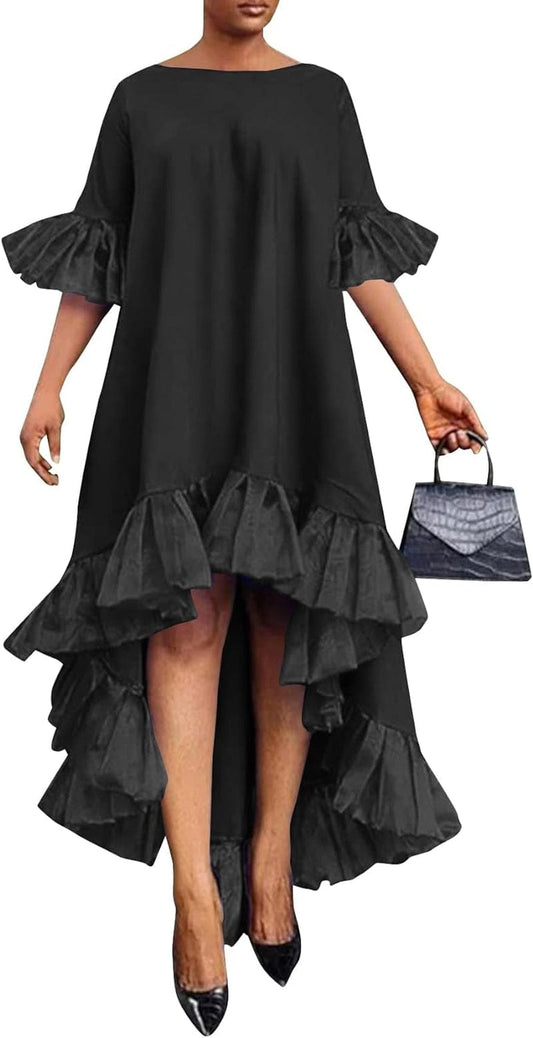Vrtige Women'S Mesh Ruffle Asymmetrical High Low Hem Crewneck Short Sleeve a Line Midi Dress