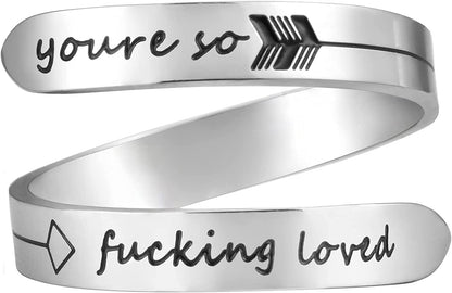 Vrycot Adjustable Inspirational Keep Going Ring Stainless Steel Adjustable Never Giver up Bands Cool Stacking Opening Gift for Women Statement You're so f loved