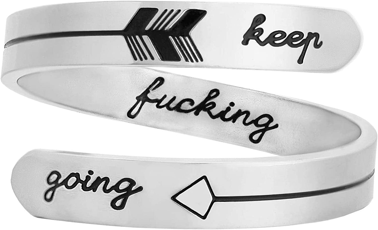 Vrycot Adjustable Inspirational Keep Going Ring Stainless Steel Adjustable Never Giver up Bands Cool Stacking Opening Gift for Women Statement keep f going