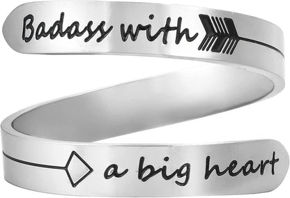 Vrycot Adjustable Inspirational Keep Going Ring Stainless Steel Adjustable Never Giver up Bands Cool Stacking Opening Gift for Women Statement Badass with a big heart