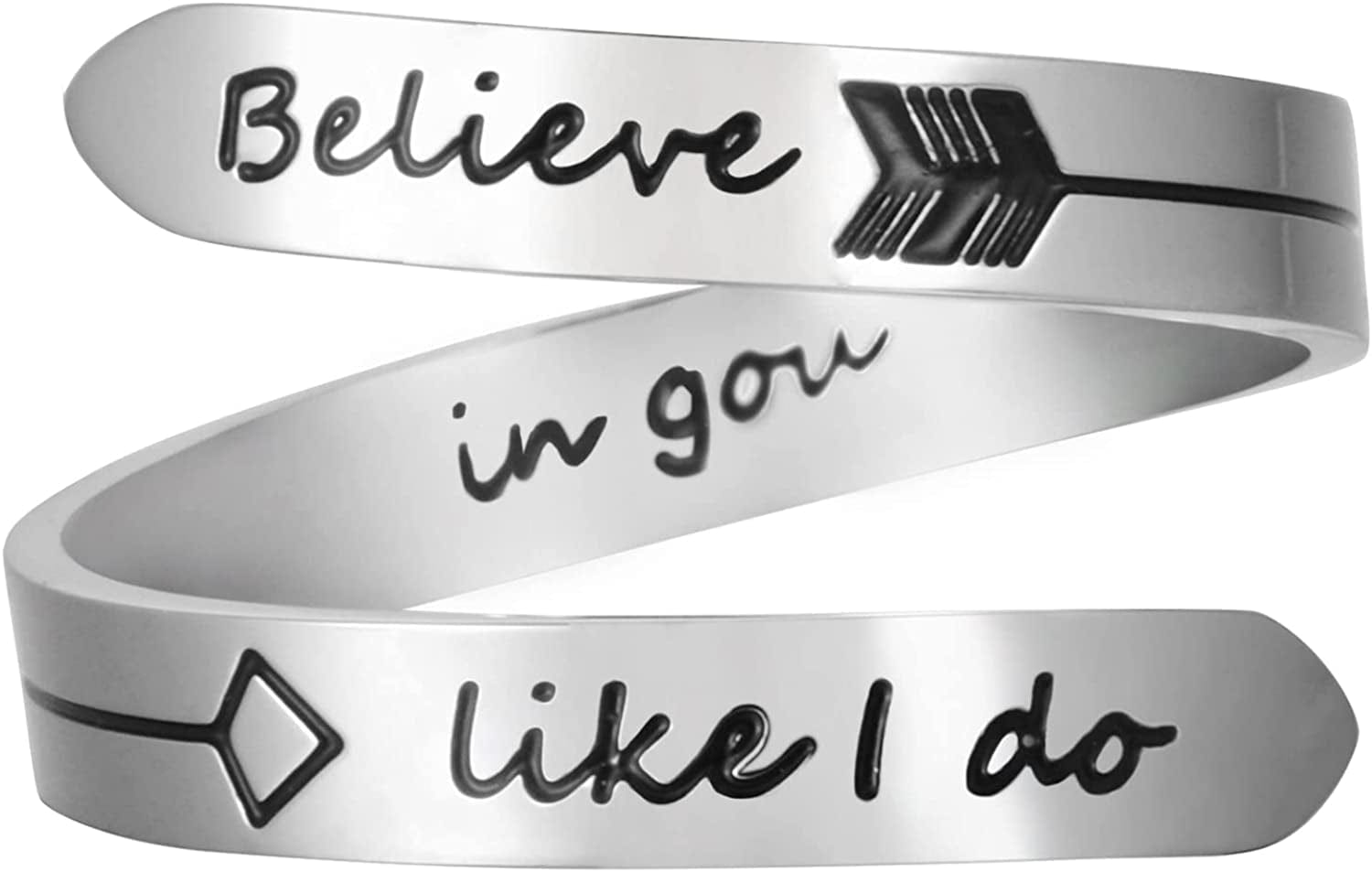 Vrycot Adjustable Inspirational Keep Going Ring Stainless Steel Adjustable Never Giver up Bands Cool Stacking Opening Gift for Women Statement Believe in you Like I do