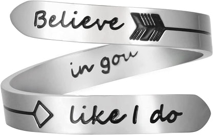 Vrycot Adjustable Inspirational Keep Going Ring Stainless Steel Adjustable Never Giver up Bands Cool Stacking Opening Gift for Women Statement Believe in you Like I do