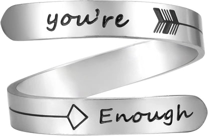 Vrycot Adjustable Inspirational Keep Going Ring Stainless Steel Adjustable Never Giver up Bands Cool Stacking Opening Gift for Women Statement You're Enough