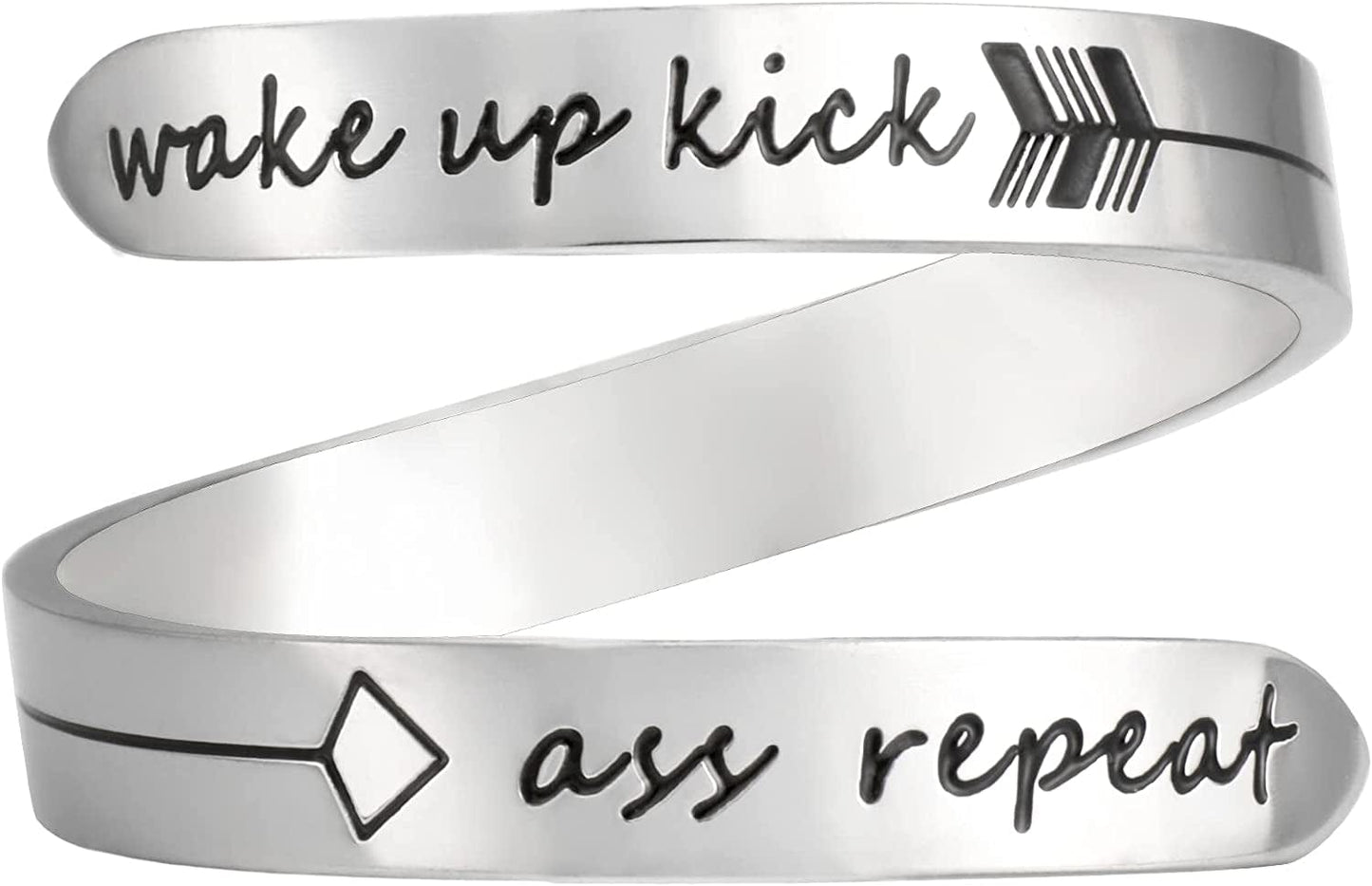 Vrycot Adjustable Inspirational Keep Going Ring Stainless Steel Adjustable Never Giver up Bands Cool Stacking Opening Gift for Women Statement Wake up kick ass repeat