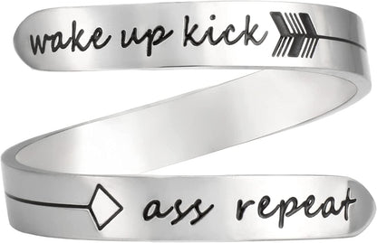 Vrycot Adjustable Inspirational Keep Going Ring Stainless Steel Adjustable Never Giver up Bands Cool Stacking Opening Gift for Women Statement Wake up kick ass repeat