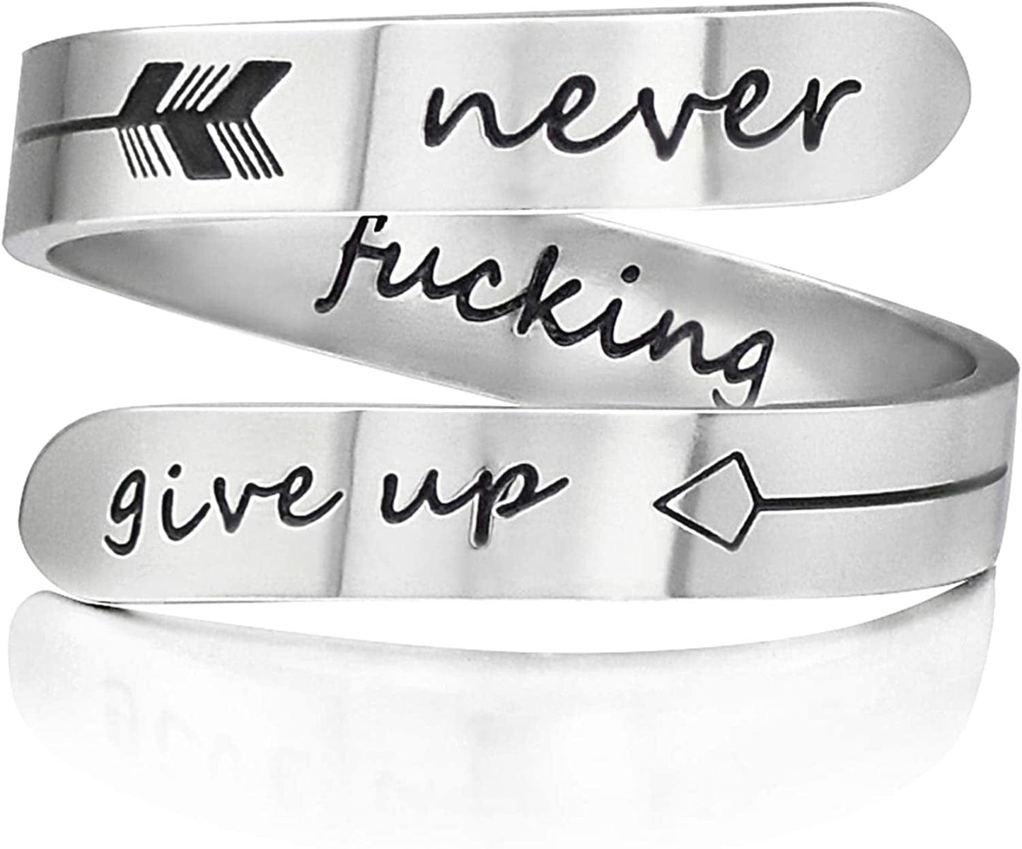Vrycot Adjustable Inspirational Keep Going Ring Stainless Steel Adjustable Never Giver up Bands Cool Stacking Opening Gift for Women Statement never f give up
