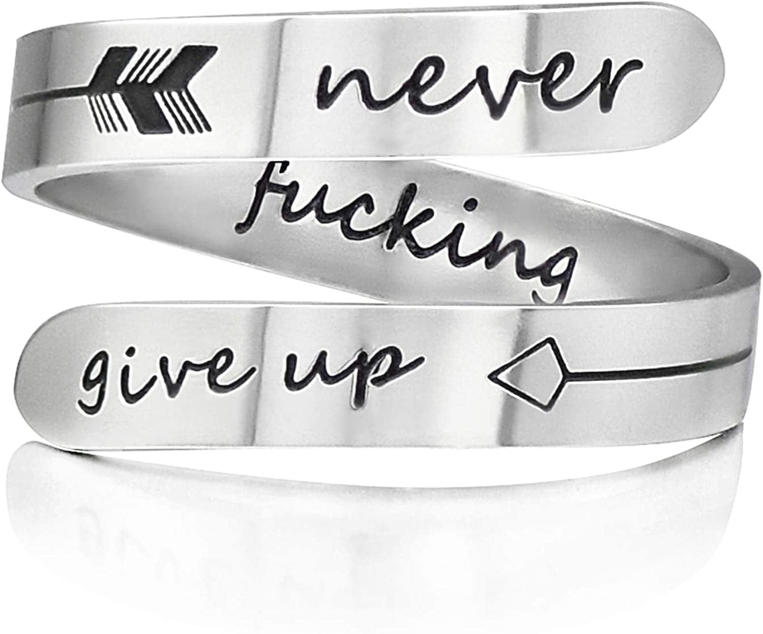 Vrycot Adjustable Inspirational Keep Going Ring Stainless Steel Adjustable Never Giver up Bands Cool Stacking Opening Gift for Women Statement never f give up