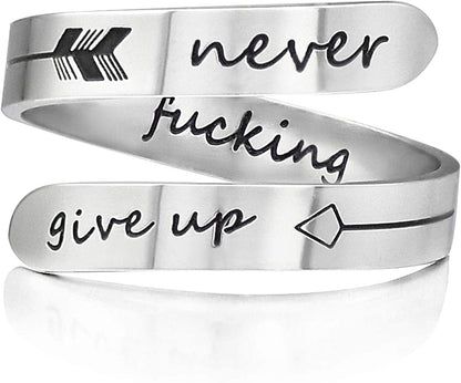 Vrycot Adjustable Inspirational Keep Going Ring Stainless Steel Adjustable Never Giver up Bands Cool Stacking Opening Gift for Women Statement never f give up