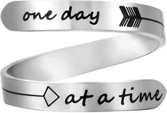 Vrycot Adjustable Inspirational Keep Going Ring Stainless Steel Adjustable Never Giver up Bands Cool Stacking Opening Gift for Women Statement one day at a time