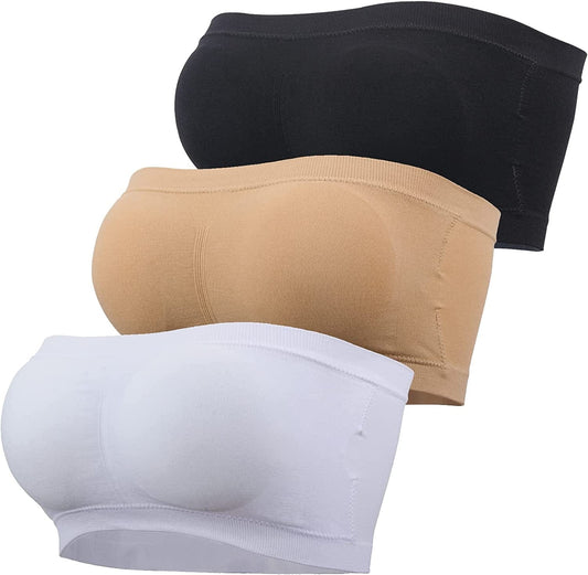 Wanture Women'S Padded Bandeau Bra, Strapless Basic Layer Summer Tube Top Bra Bralettes for Women 1-3 Packs Black+black+nude / Medium