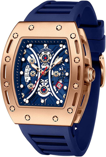 Watches for Men Luxury Skeleton Tonneau Watch for Men Waterproof Adjustable Silicone Strap Steampunk Style Chronograph Calendar Date Business Luminous Cool Large Square Face Wristwatch Gold blue