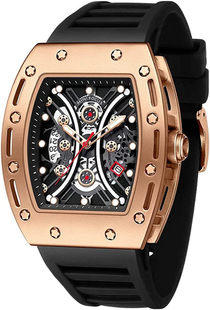 Watches for Men Luxury Skeleton Tonneau Watch for Men Waterproof Adjustable Silicone Strap Steampunk Style Chronograph Calendar Date Business Luminous Cool Large Square Face Wristwatch Gold black