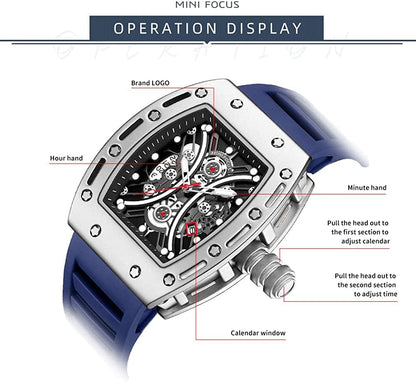Watches for Men Luxury Skeleton Tonneau Watch for Men Waterproof Adjustable Silicone Strap Steampunk Style Chronograph Calendar Date Business Luminous Cool Large Square Face Wristwatch