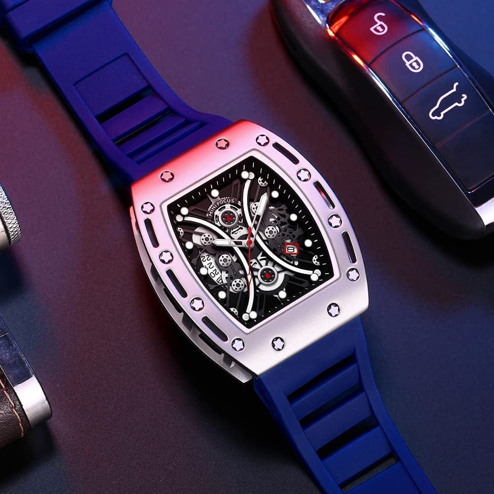 Watches for Men Luxury Skeleton Tonneau Watch for Men Waterproof Adjustable Silicone Strap Steampunk Style Chronograph Calendar Date Business Luminous Cool Large Square Face Wristwatch