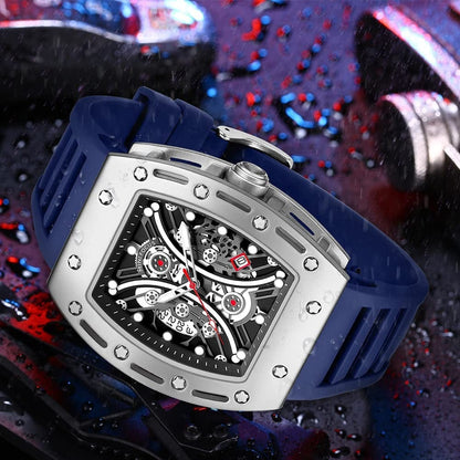 Watches for Men Luxury Skeleton Tonneau Watch for Men Waterproof Adjustable Silicone Strap Steampunk Style Chronograph Calendar Date Business Luminous Cool Large Square Face Wristwatch