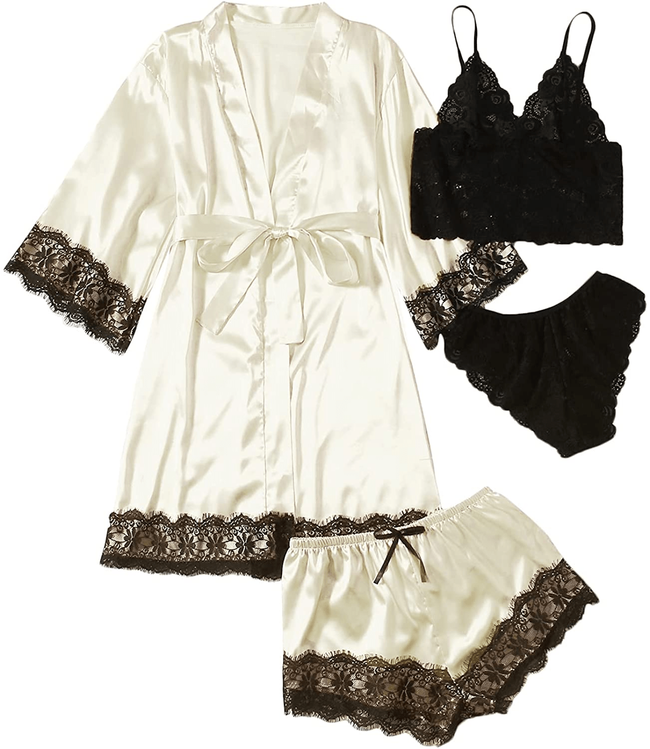 WDIRARA Women'S 4 Pieces Satin Floral Lace Cami Top Lingerie Pajama Set with Robe Apparel & Accessories > Clothing > Underwear & Socks > Lingerie WDIRARA Black and Apricot X-Small 