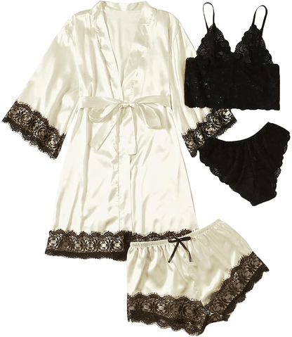 WDIRARA Women'S 4 Pieces Satin Floral Lace Cami Top Lingerie Pajama Set with Robe Apparel & Accessories > Clothing > Underwear & Socks > Lingerie WDIRARA Black and Apricot X-Small 