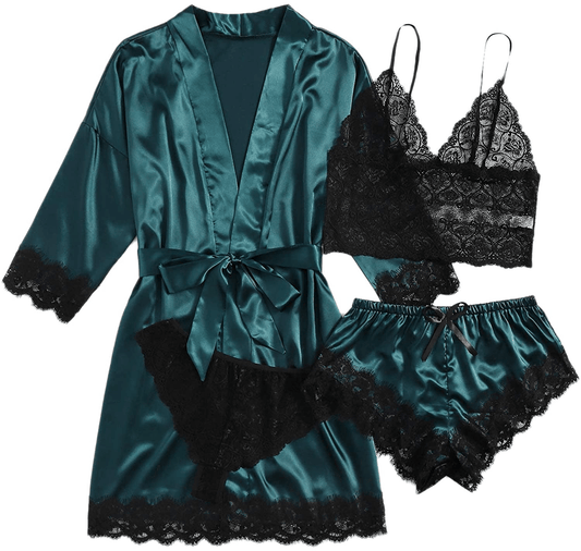 WDIRARA Women'S 4 Pieces Satin Floral Lace Cami Top Lingerie Pajama Set with Robe Apparel & Accessories > Clothing > Underwear & Socks > Lingerie WDIRARA Green X-Large 