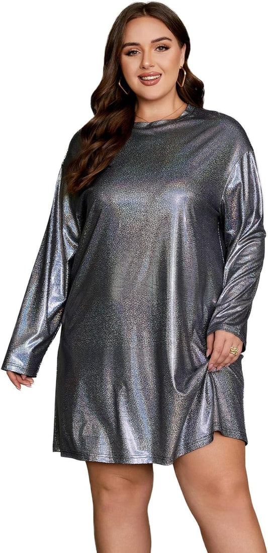 WDIRARA Women'S Metallic Glitter plus Size Drop Shoulder Long Sleeve Casual Loose Dress