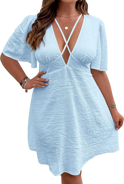 WDIRARA Women'S plus Size Deep V Neck Criss Cross Front Ruffle Short Sleeve Tie Backless Flared a Line Dress Light Blue / 4X-Large Plus