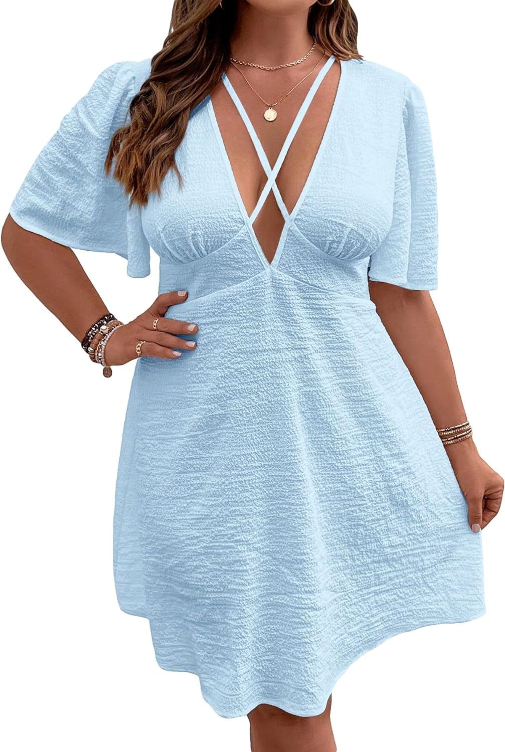 WDIRARA Women'S plus Size Deep V Neck Criss Cross Front Ruffle Short Sleeve Tie Backless Flared a Line Dress Light Blue / Large Plus